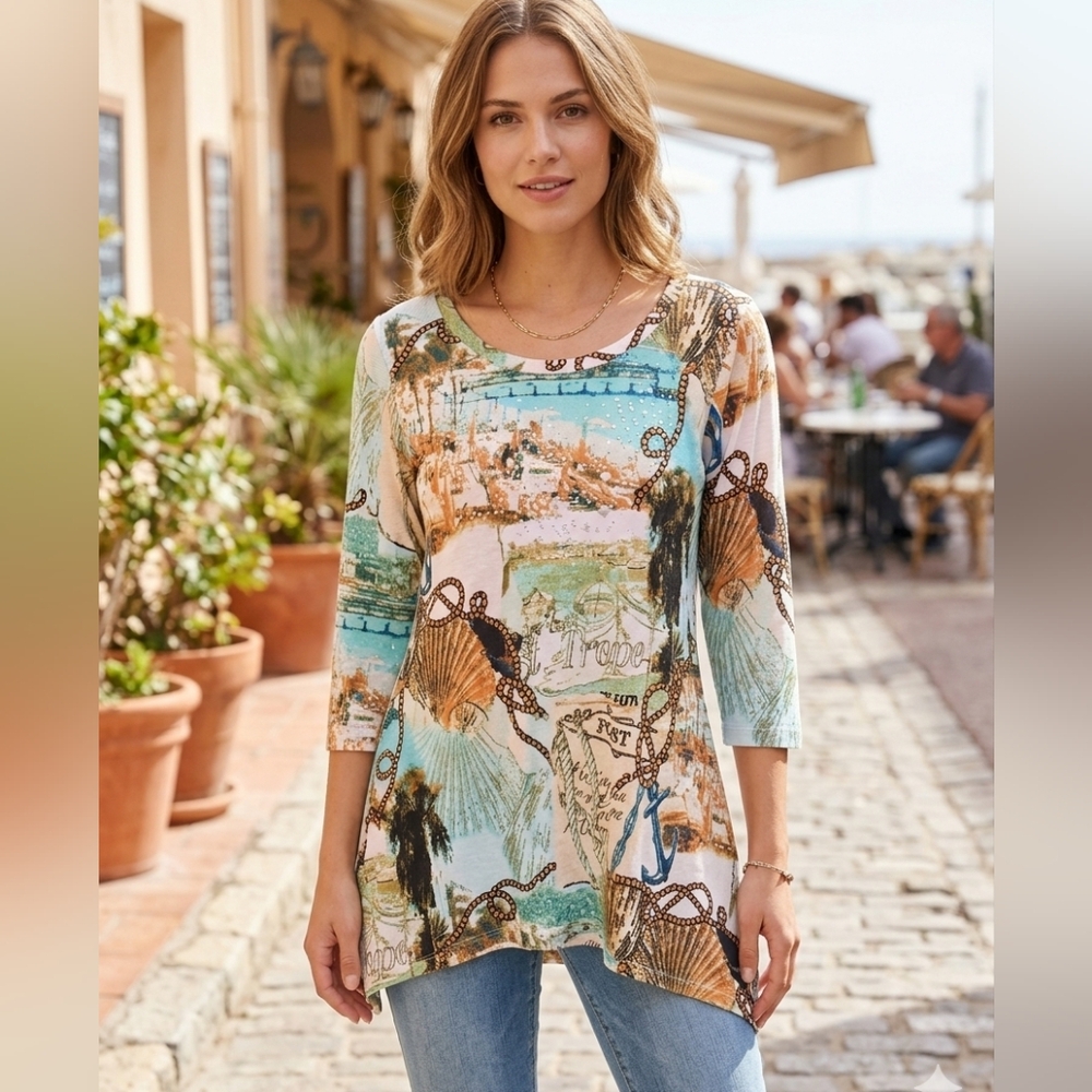Onque Women Printed Scoop Neck 3/4 Sleeve Tunic Top Size 2X Coastal Beach Sequin